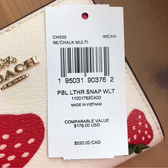🍓 Coach Snap Wallet With Wild Strawberry Print Gold/Chalk Multi - Picture 11 of 13